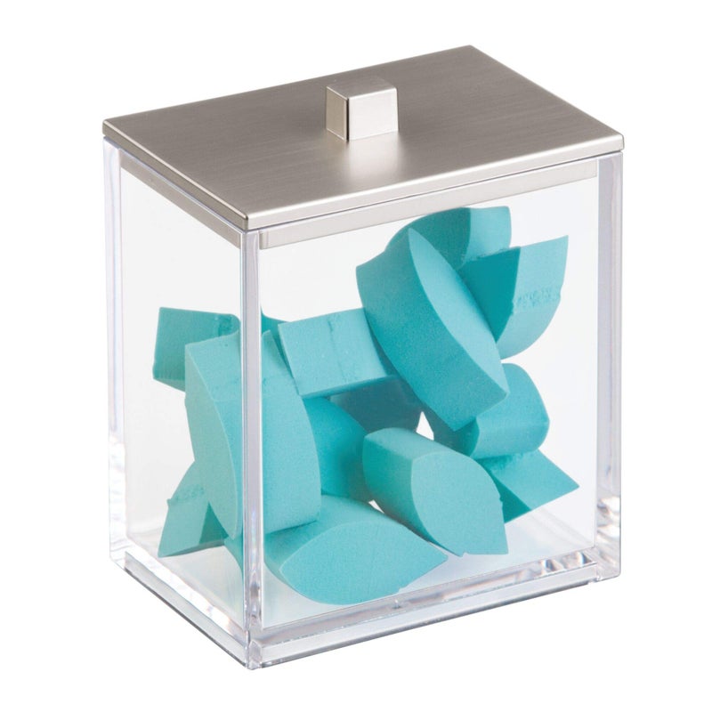 InterDesign iDesign Clarity Metal Tumbler Makeup Toothbrush Holder for Bathroom Countertop Desk Dorm College and Vanity Clear and Brushed 1 x Canister