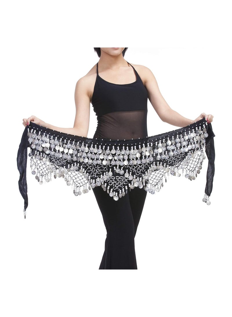 KASTWAVE Women Belly Dance Hip Scarf, Dancing Costumes Wave Shape Hip Belt Skirt with 320 Silver Coins, Chiffon Dangling Belly Dance Waist Costume Belt for Women Girls, Black - Image 2