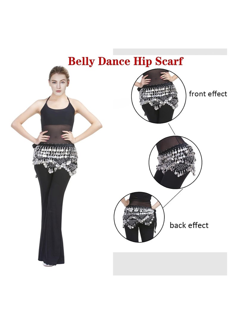 KASTWAVE Women Belly Dance Hip Scarf, Dancing Costumes Wave Shape Hip Belt Skirt with 320 Silver Coins, Chiffon Dangling Belly Dance Waist Costume Belt for Women Girls, Black - Image 3