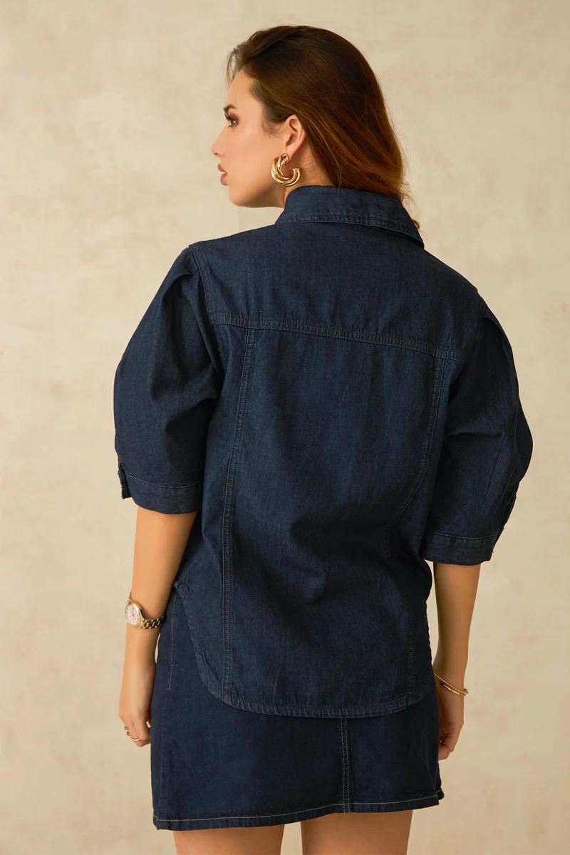 Virgio Cotton Denim Daywear Shirts With Pleated Sleeves for Women