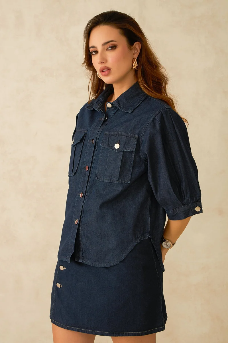 فيرجيو Cotton Denim Daywear Shirts With Pleated Sleeves for Women
