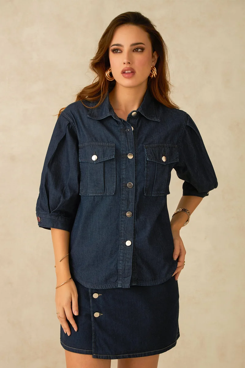 Virgio Cotton Denim Daywear Shirts With Pleated Sleeves for Women
