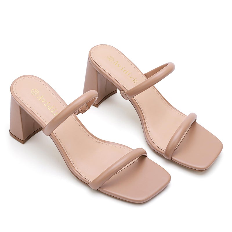 Avidirk Women's Square Open Toe Heeled Sandals Two Strap Mules Slip On Block Chunky Mid Heels Sandals - Image 4