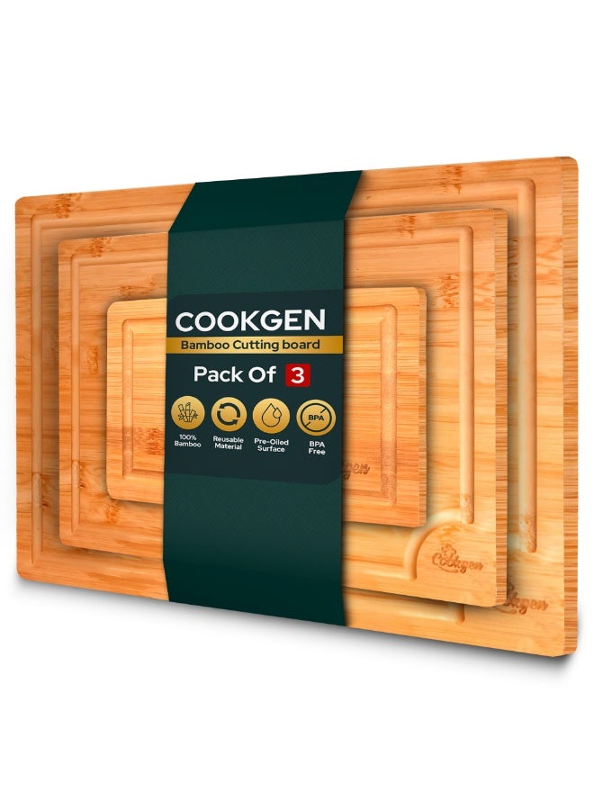 Bamboo Cutting Board Set – 3PCS (Small, Medium, Large) – Thick, Non-Slip Chopping Boards with Juice Grooves, Side Handles, and Easy Storage – Perfect for Meat, Vegetables, Cheese, and Fruits