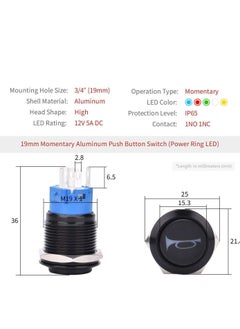 Y&D 19mm 12V Momentary Speaker Horn Push Button Toggle Switch 3/4" Mounting Hole 1NO 1NC SPDT with Pre-Wiring Socket for Car Auto Motor Aluminium Alloy, Latching (Blue/Black Shell)  - Image 2