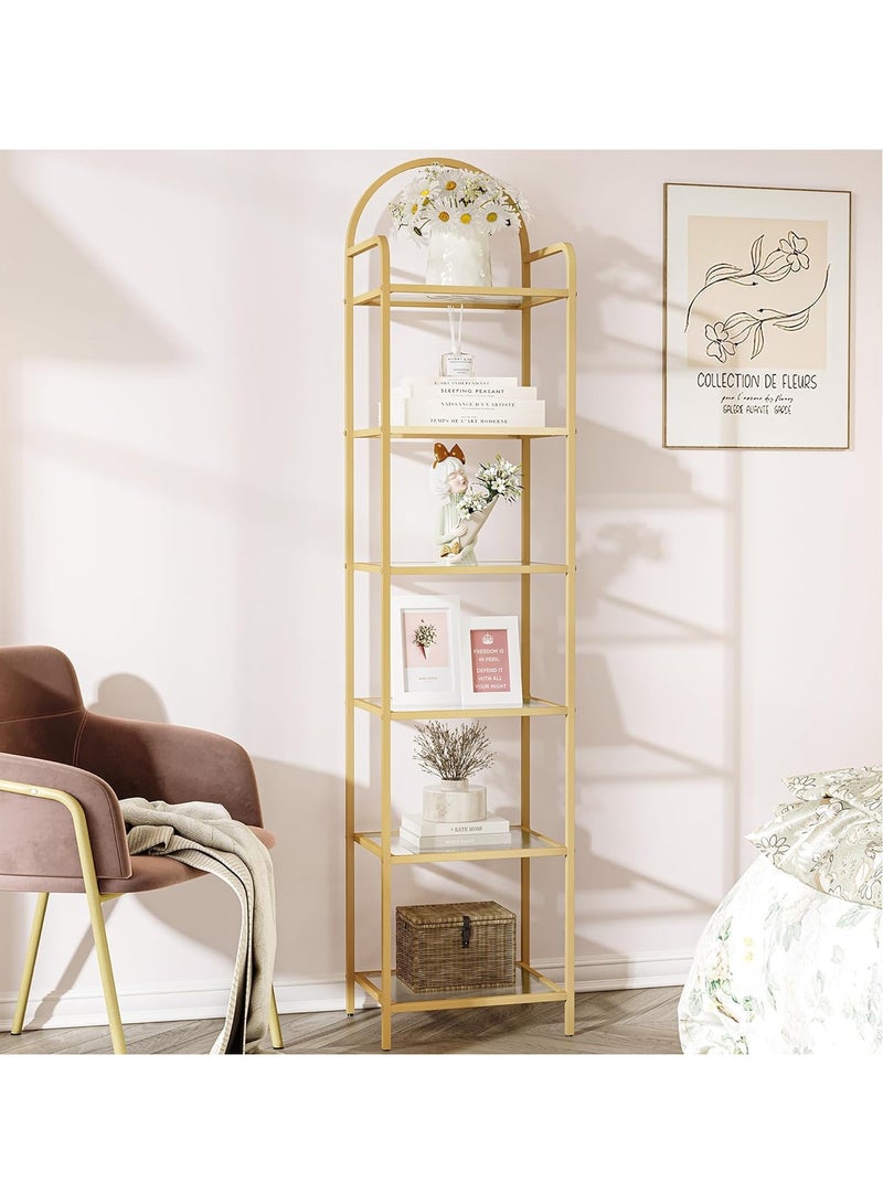 LINGWEI Elegant Glass Bookcase with Metal Frame Slim Shelving Unit for Bedroom Bathroom and Home Office - Image 1