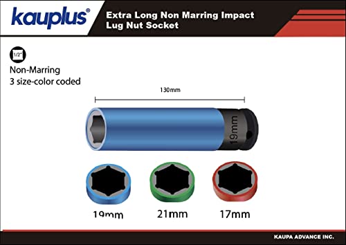 Kauplus 1/2 Inch Drive Wheel Nut Impact Socket Set-3PCS, Extra Long Non Marring Impact Lug Nut Socket- Thin Walled 6-Point Mertic 17MM-19MM -21MM - Image 4