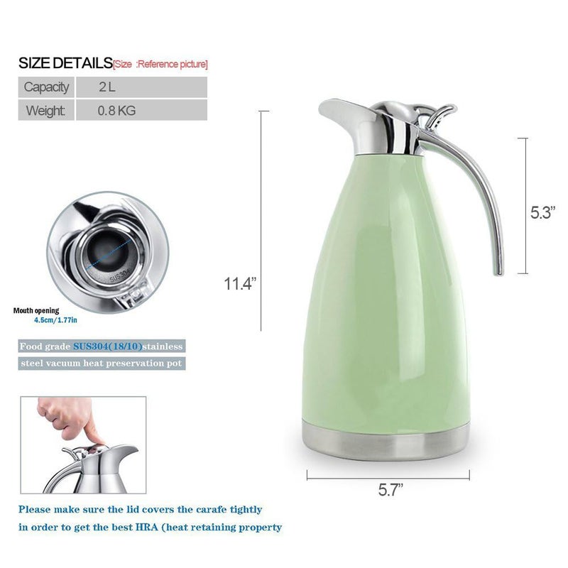 Bonnoces 68 Oz Stainless Steel Thermal Carafe - Double Walled Vacuum Insulated Thermos/Carafe with Lid - Coffee/Tea Carafe Heat & Cold Retention - 2 Liter (Green) - Image 3
