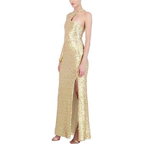 BCBGMAXAZRIA Womens Fit and Flare Floor Length Sequin Evening Gown One Long Sleeve Crew Neck Cut Out Side Slit Dress, Gold, XX-Small US - Image 3