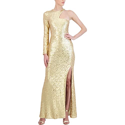 BCBGMAXAZRIA Womens Fit and Flare Floor Length Sequin Evening Gown One Long Sleeve Crew Neck Cut Out Side Slit Dress, Gold, XX-Small US - Image 4