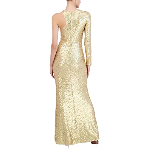 BCBGMAXAZRIA Womens Fit and Flare Floor Length Sequin Evening Gown One Long Sleeve Crew Neck Cut Out Side Slit Dress, Gold, XX-Small US - Image 2