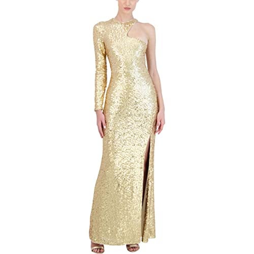 BCBGMAXAZRIA Womens Fit and Flare Floor Length Sequin Evening Gown One Long Sleeve Crew Neck Cut Out Side Slit Dress, Gold, XX-Small US - Image 1