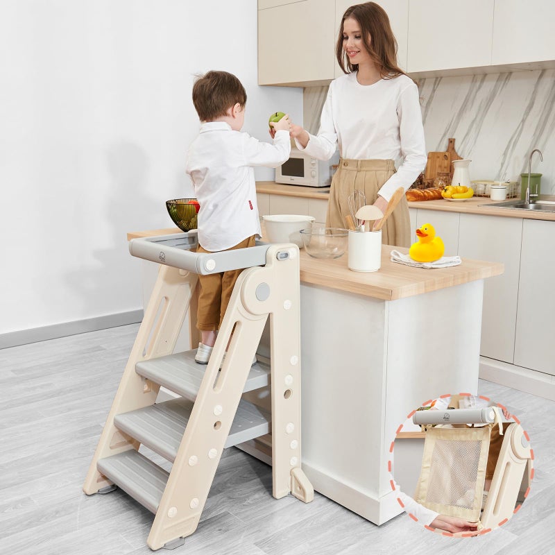Forbena Forbena Foldable Toddler Tower Kitchen Learning Stool Helper Montessori Kids Standing Tower for Counter Collapsible Adjustable Baby Child Step Stool with Safety Net for Bathroom Sink Grey