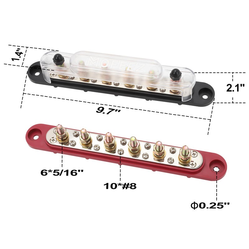 MOFEEZ Power Distribution Block Bus Bar, 6 x 5/16" Posts, 10 x #8 Screws Terminals, Max 48V 250A (Pair, Red & Black) - Image 2