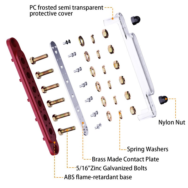 MOFEEZ Power Distribution Block Bus Bar, 6 x 5/16" Posts, 10 x #8 Screws Terminals, Max 48V 250A (Pair, Red & Black) - Image 3