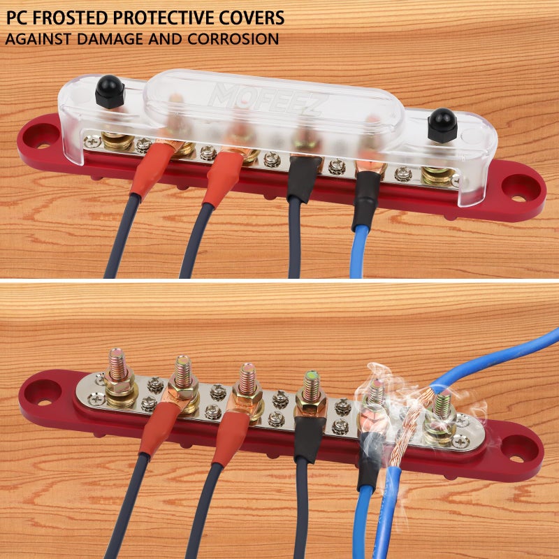 MOFEEZ Power Distribution Block Bus Bar, 6 x 5/16" Posts, 10 x #8 Screws Terminals, Max 48V 250A (Pair, Red & Black) - Image 4