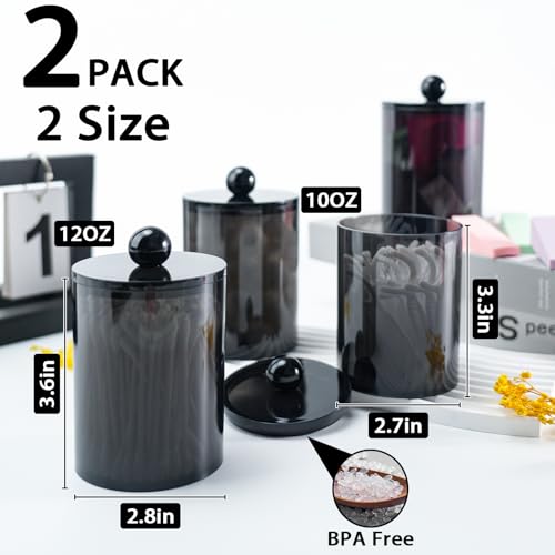 XIPENGKEJI 2 Pack Qtip Holder,Canister Apothecary Jar Set, Bathroom Jars with Lids Set for Cotton Swabs, Balls, Pads, Floss Picks,10oz-12oz Plastic Canisters Restroom Bedroom Vanity Organizer(Black) - Image 2