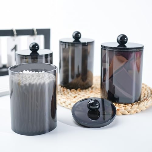 XIPENGKEJI 2 Pack Qtip Holder,Canister Apothecary Jar Set, Bathroom Jars with Lids Set for Cotton Swabs, Balls, Pads, Floss Picks,10oz-12oz Plastic Canisters Restroom Bedroom Vanity Organizer(Black) - Image 5