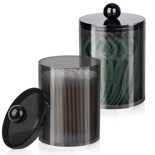 XIPENGKEJI 2 Pack Qtip Holder,Canister Apothecary Jar Set, Bathroom Jars with Lids Set for Cotton Swabs, Balls, Pads, Floss Picks,10oz-12oz Plastic Canisters Restroom Bedroom Vanity Organizer(Black) - Image 1