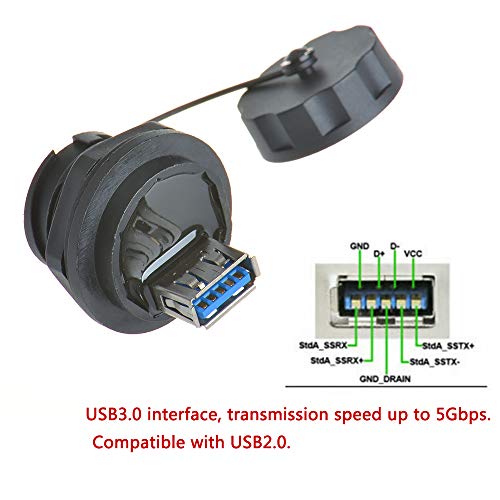 ANMBEST 2PCS Electrical USB3.0 IP67 Waterproof Connector Industrial Standard Double Head Coupler Adapter Female to Female Socket Plug Panel Mount with Waterproof/Dust Cap Compatible with USB2.0 - Image 4