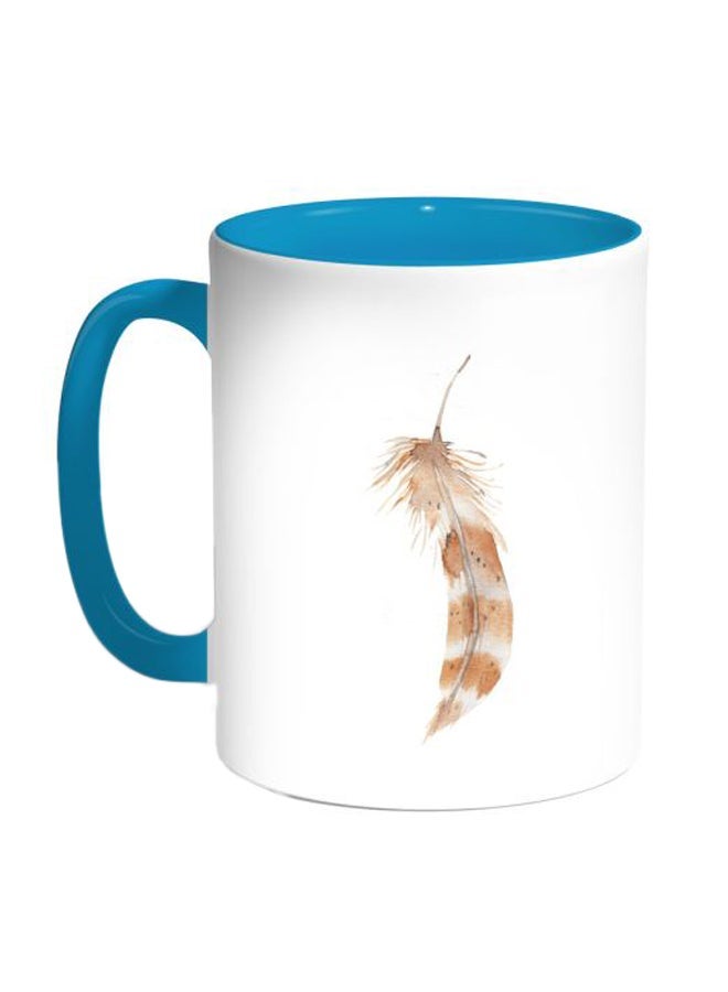 RYN Bird Feather Printed Coffee Mug Blue/White/Brown 11ounce
