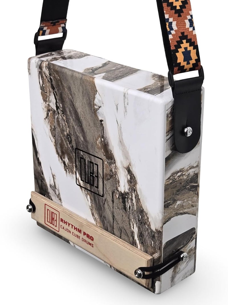 RHYTHM PRO Cajon Cube 12inch Traveller Cajon With External Snare Tap,Strap & Padded Cover Bag For Kids,Adults & Professional Musicians Super Sound Quality Made With MDF,Made in India (WHITE MARBLE) - Image 1