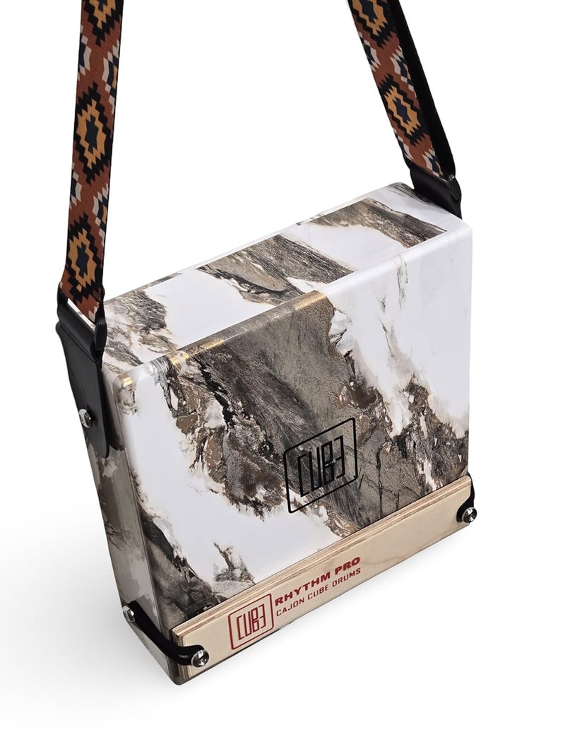 RHYTHM PRO Cajon Cube 12inch Traveller Cajon With External Snare Tap,Strap & Padded Cover Bag For Kids,Adults & Professional Musicians Super Sound Quality Made With MDF,Made in India (WHITE MARBLE) - Image 3