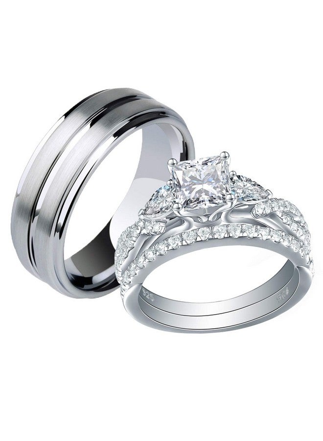 Newshe Jewellery مجموعة خواتم زفاف من نيوشي للرجال والنساء، خواتم من التنغستن للرجال، فضة إسترليني، مقاس 11 و7 - Image 1