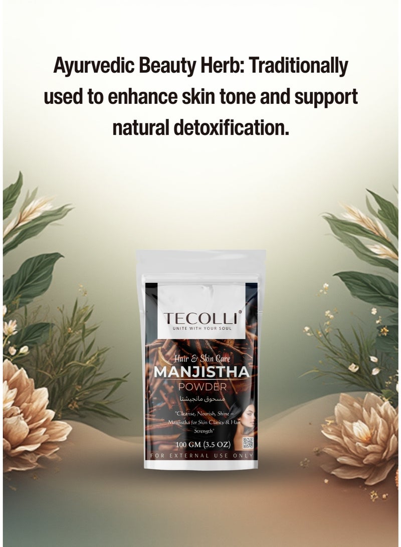 TECOLLI Pure Manjistha Powder – 100g | Ayurvedic Skin Detox & Radiance Support | 100% Natural, Vegan & Chemical-Free | Promotes Clear Skin & Healthy Hair | For Skin & Hair External Use Only - Image 3