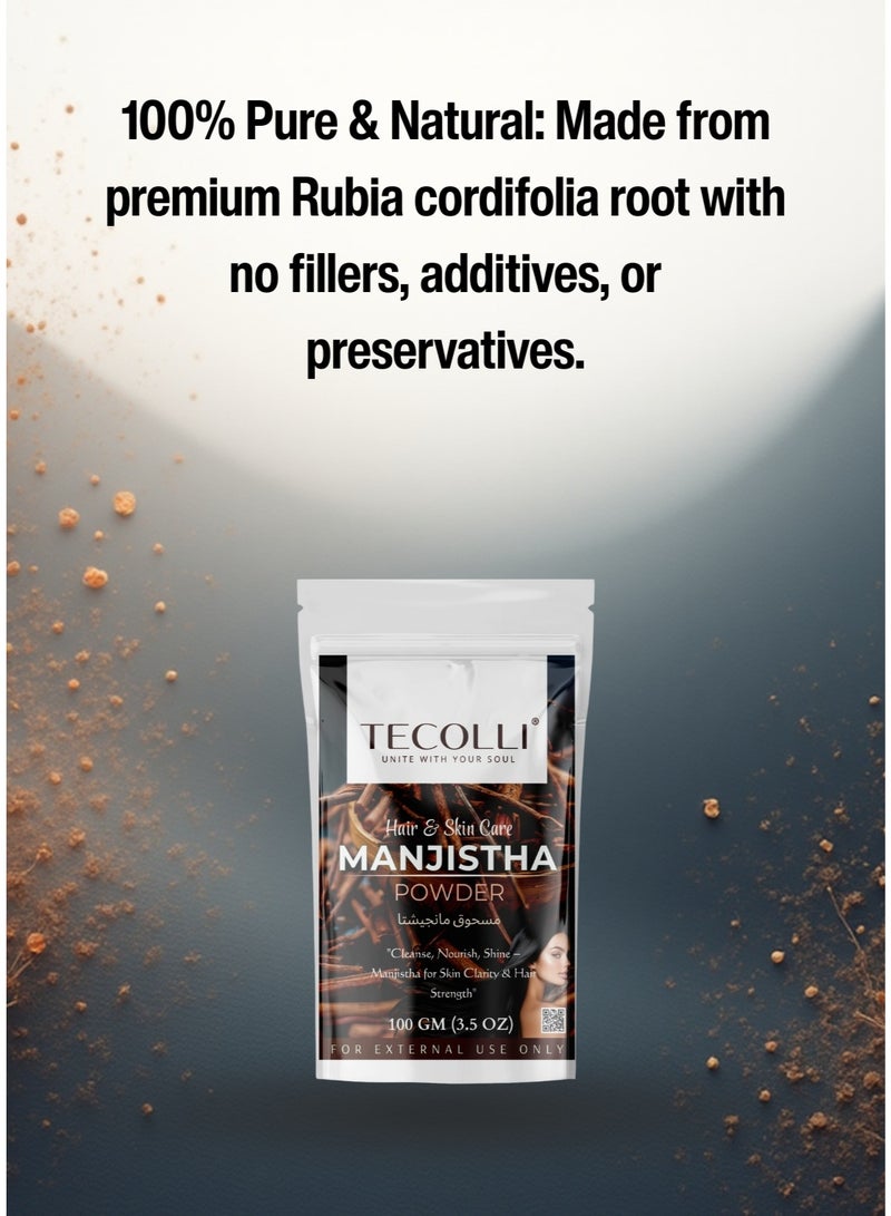 TECOLLI Pure Manjistha Powder – 100g | Ayurvedic Skin Detox & Radiance Support | 100% Natural, Vegan & Chemical-Free | Promotes Clear Skin & Healthy Hair | For Skin & Hair External Use Only - Image 2