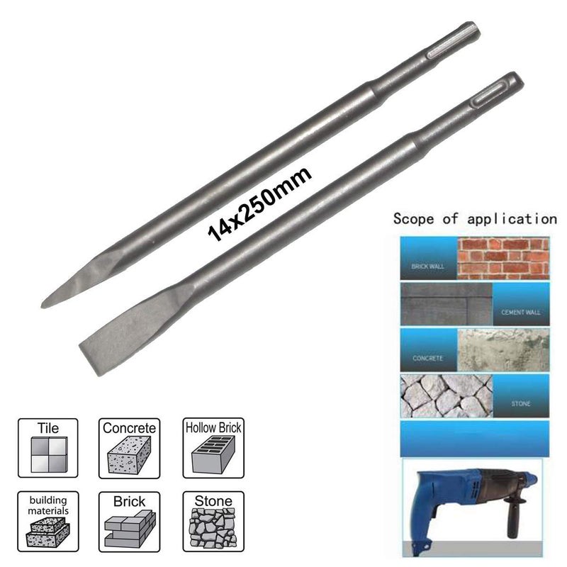 Chisel 2Pc Set Max Shank 14 mm Length 250 mm Electric Hammer Chisels for Concrete/Brick/Wall/Tile Slotting Drilling