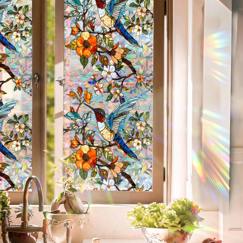 Aomkmi Stained Glass Window Film UV Resistant Window Privacy Film Hummingbird Floral Privacy Rainbow Decals Living Room Bedroom Sun Blocking Decor Removable Static Cling Stickers 17 x 78.74 Inch - Image 1