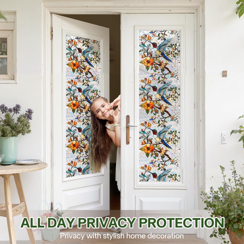 Aomkmi Stained Glass Window Film UV Resistant Window Privacy Film Hummingbird Floral Privacy Rainbow Decals Living Room Bedroom Sun Blocking Decor Removable Static Cling Stickers 17 x 78.74 Inch - Image 3