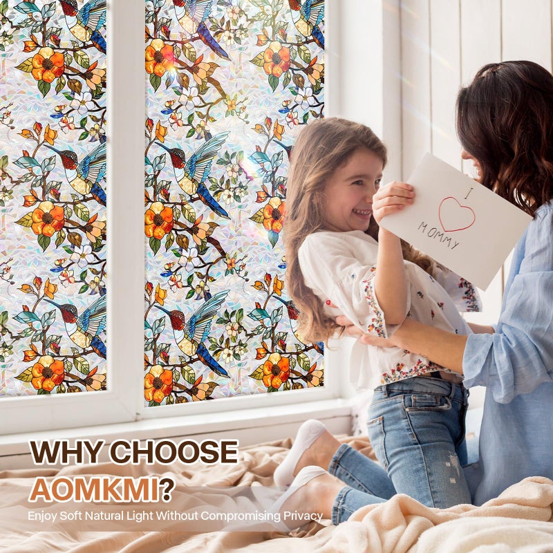 Aomkmi Stained Glass Window Film UV Resistant Window Privacy Film Hummingbird Floral Privacy Rainbow Decals Living Room Bedroom Sun Blocking Decor Removable Static Cling Stickers 17 x 78.74 Inch - Image 2