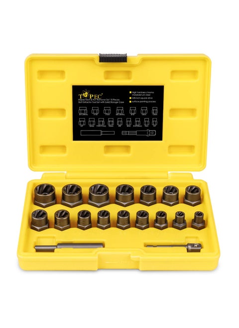 Topec 18-Piece Stripped Bolt Extractor Kit, 3/8" Drive Rounded Bolt Remover, Lug Nut Removal Tool with Hex Adapter, Bolt Nut Extractor Socket Set for Broken, Damaged Bolts, Nuts & Screws