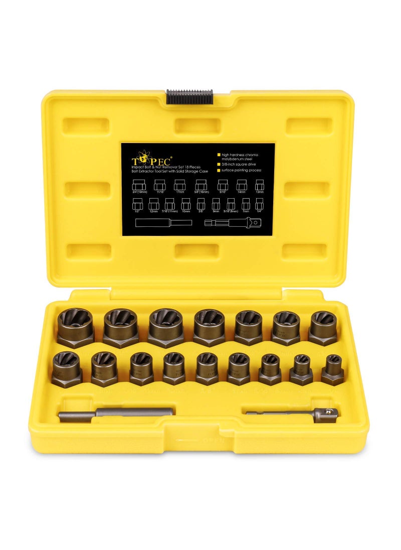 Topec Topec 18-Piece Stripped Bolt Extractor Kit, 3/8" Drive Rounded Bolt Remover, Lug Nut Removal Tool with Hex Adapter, Bolt Nut Extractor Socket Set for Broken, Damaged Bolts, Nuts & Screws  - Image 1