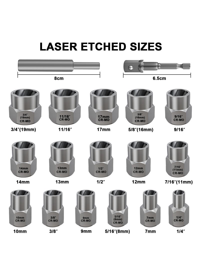 Topec Topec 18-Piece Stripped Bolt Extractor Kit, 3/8" Drive Rounded Bolt Remover, Lug Nut Removal Tool with Hex Adapter, Bolt Nut Extractor Socket Set for Broken, Damaged Bolts, Nuts & Screws  - Image 2