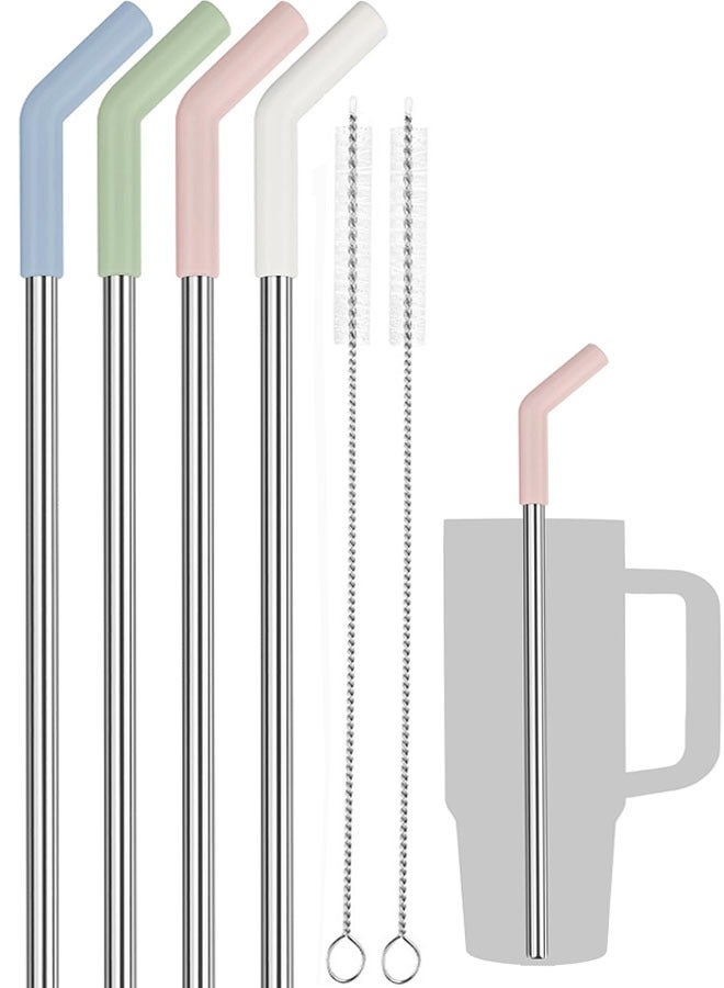 Stainless Steel Straws for 40oz Stanley Tumblers, 4PCS 13 INCH Reusable Extra Long Stainless Steel Straws with 4 Silicone Tips and 2 Cleaning Brushes - Image 1