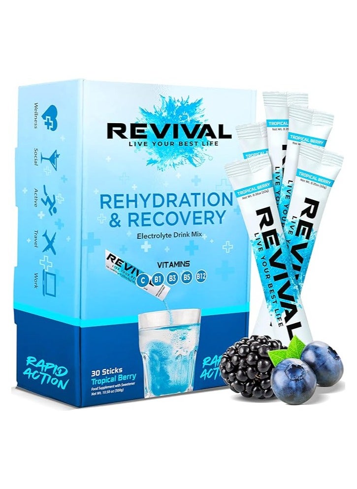 REVIVAL Revival Rapid Rehydration Electrolytes Powder - High Strength Vitamin C, B1, B3, B5, B12 Supplement Sachet Drink, Effervescent Electrolyte Hydration (Tropical & Berry Blast, 30 Count (Pack of 1))  - Image 1