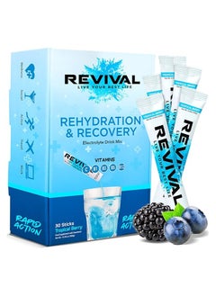 REVIVAL Revival Rapid Rehydration Electrolytes Powder - High Strength Vitamin C, B1, B3, B5, B12 Supplement Sachet Drink, Effervescent Electrolyte Hydration (Tropical & Berry Blast, 30 Count (Pack of 1))  - Image 1