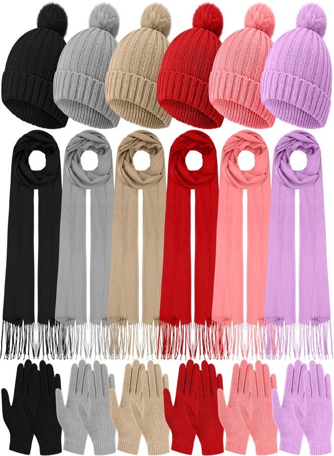 JaGely 18 Pcs Kids Winter Hat Gloves Scarf Set Kids Knit Beanie Pom Hat Full Fingers Gloves Tassel Scarves (Bright Color) - Image 1