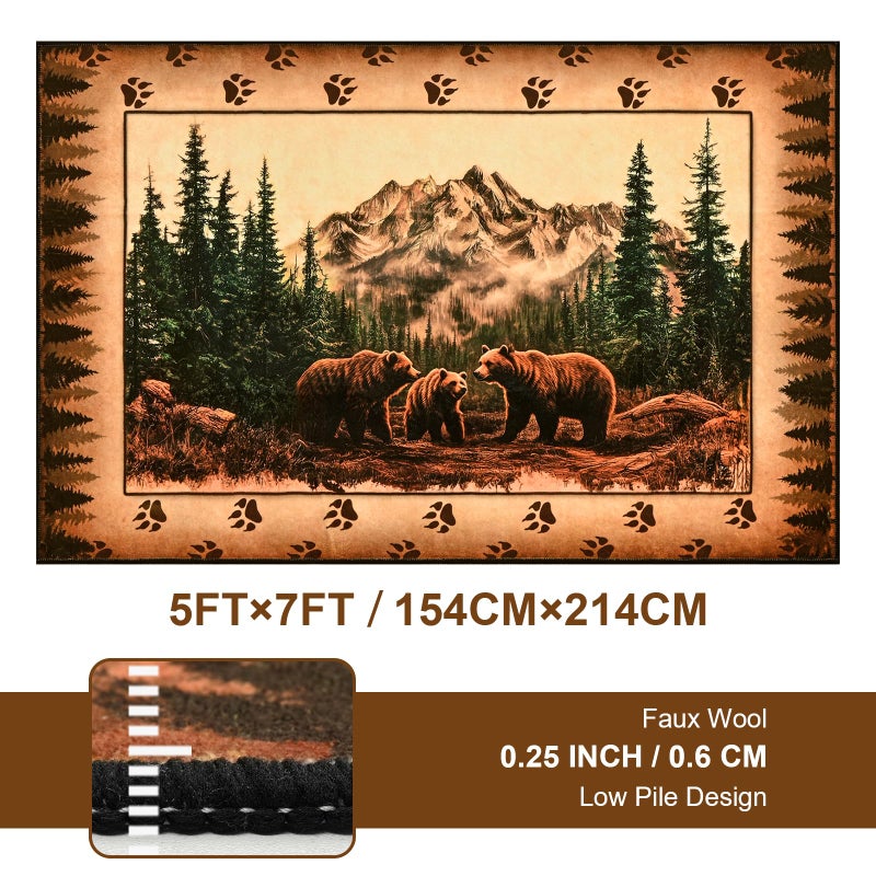 FRAMICS Rustic Cabin Area Rug 5x7, Farmhouse Lodge Bear Moose Deer Rug Washable Non Slip,Country Wildlife Area Rugs for Living Room Bedroom, Soft Faux Wool Throw Rugs Carpet Low Pile, Vintage Decor - Image 2