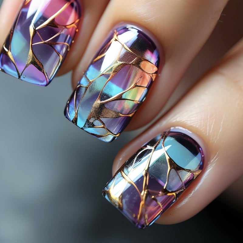 OCOUYVD Square Press on Nails Short Fake Nails with Golden Striped Embossed Designs Full Cover False Nails Stick on Nails Blue Purple Glossy Acrylic Nails for Women Nails Manicure Decoration 24 Pcs - Image 1
