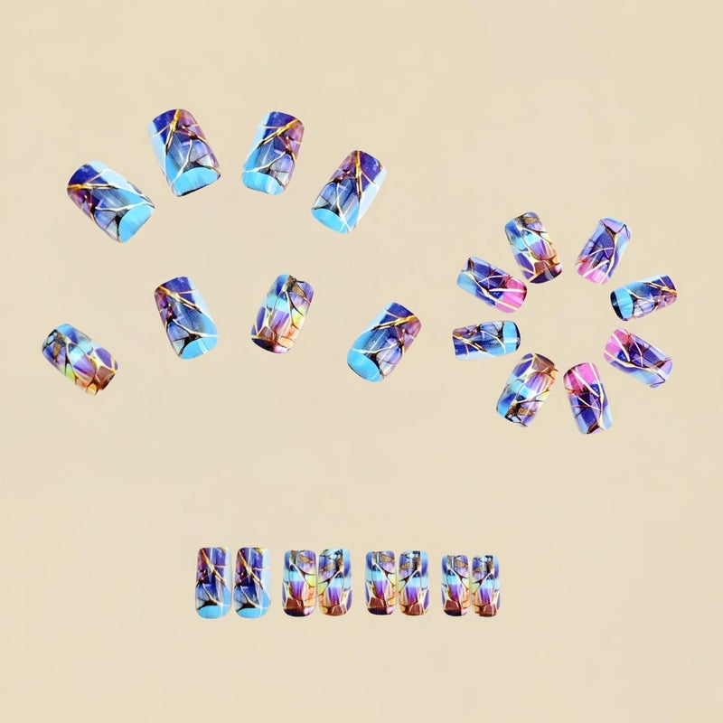OCOUYVD Square Press on Nails Short Fake Nails with Golden Striped Embossed Designs Full Cover False Nails Stick on Nails Blue Purple Glossy Acrylic Nails for Women Nails Manicure Decoration 24 Pcs - Image 3