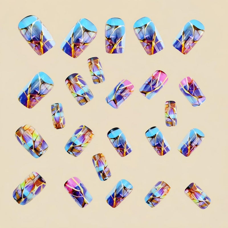 OCOUYVD Square Press on Nails Short Fake Nails with Golden Striped Embossed Designs Full Cover False Nails Stick on Nails Blue Purple Glossy Acrylic Nails for Women Nails Manicure Decoration 24 Pcs - Image 4
