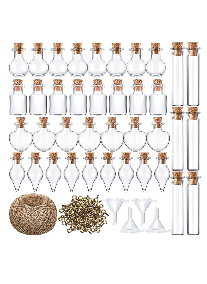 SYOSI - Small Mini Glass Jars, Bottle with Cork Stopper Tiny Wishing Bottles with Eye Screws Funnel and Rope Small Cork Clear Glass Bottle for DIY Crafts Bead Container 50Pcs Mixed Style - Image 1