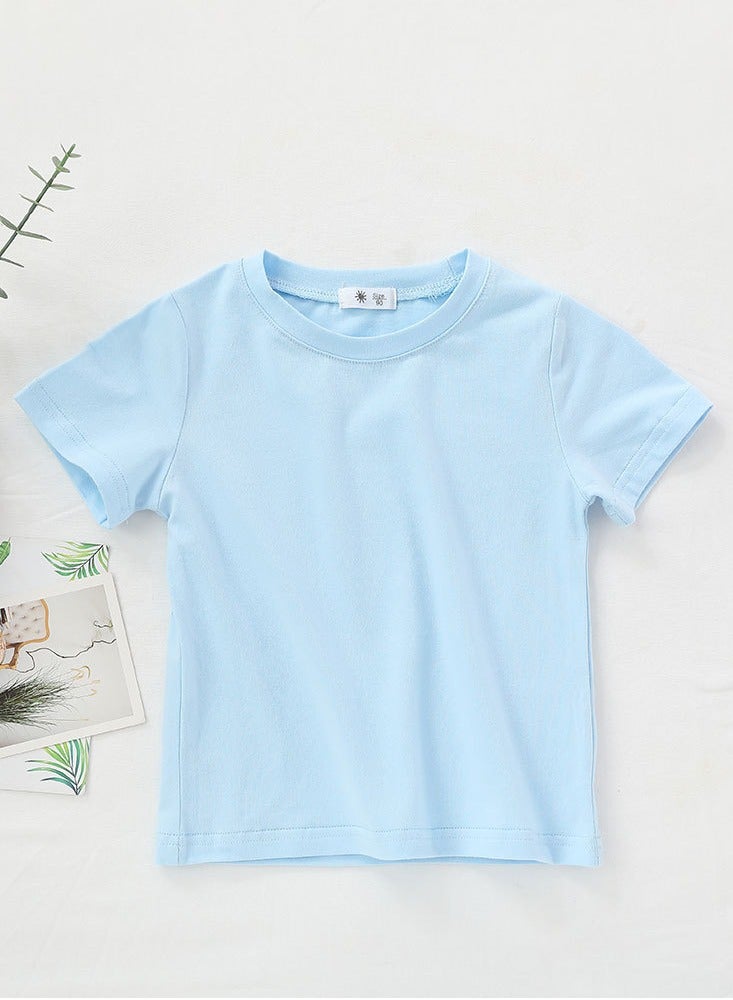 Loquat Kid's Solid Color Short Sleeve Crew Neck T-Shirt Cotton Basic Tees Light Blue