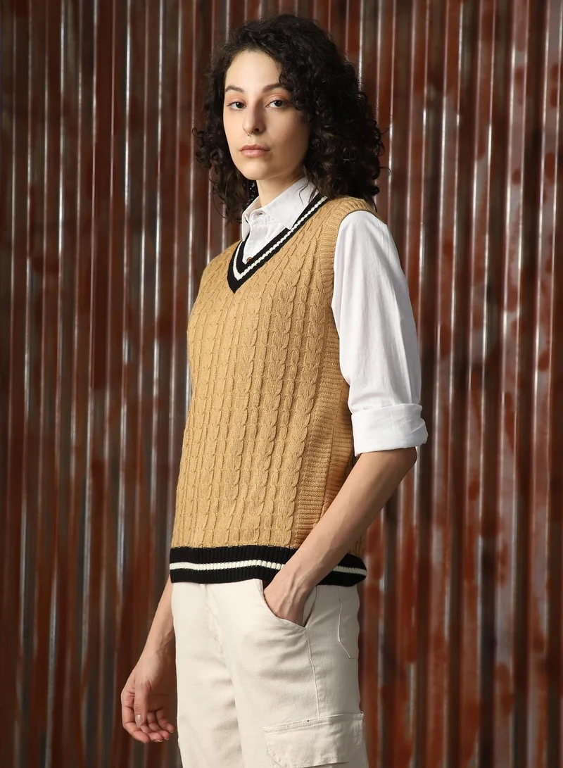 HIGH STAR Women's Beige 100% Acrylic Solid Sweater