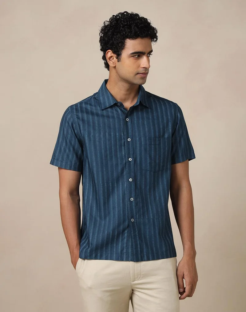 فاب انديا Blue Viscose Silk Hand Block Printed Bush Shirt