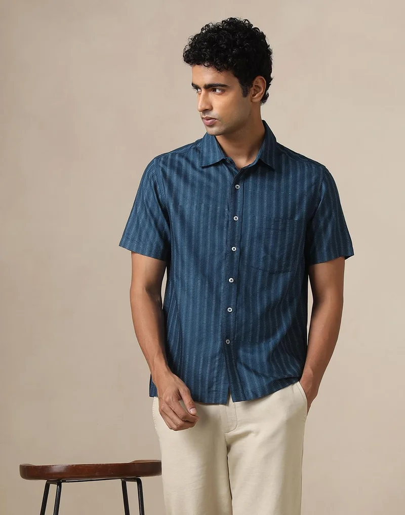 فاب انديا Blue Viscose Silk Hand Block Printed Bush Shirt